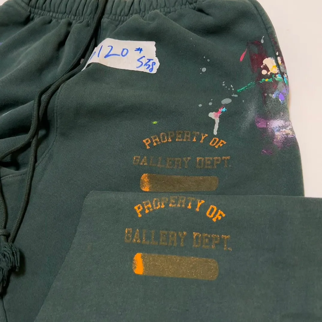 GALLERY DEPT. GD PROPERTY OF SWEATPANTS splashed ink, washed and distressed sweatpants, dark green S-XL, heavy wash and distressed, handmade acrylic splashed ink graffiti, perfect top restoration
